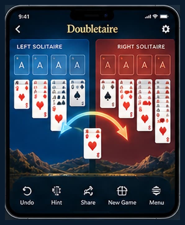 A Doubletaire gameplay concept showing the blue left game and the red right game side by side, with a card crossing between them.