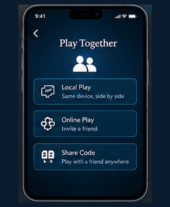 A Doubletaire concept screen for Play Together, offering local play, online play and a share code.