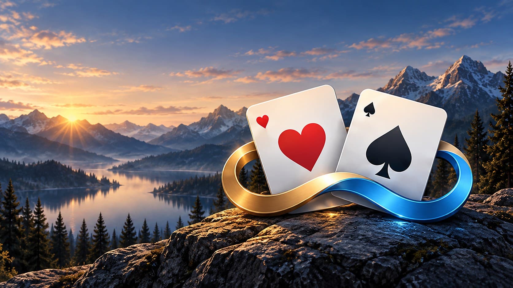 Two aces — hearts and spades — joined by a gold and blue ribbon, above an alpine lake at dawn.